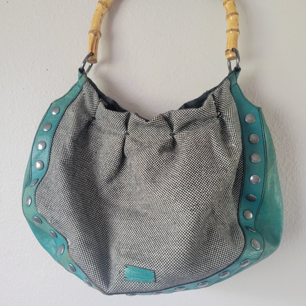 Moschino  large turquoise leather wool with bamboo shoulder bag handbag